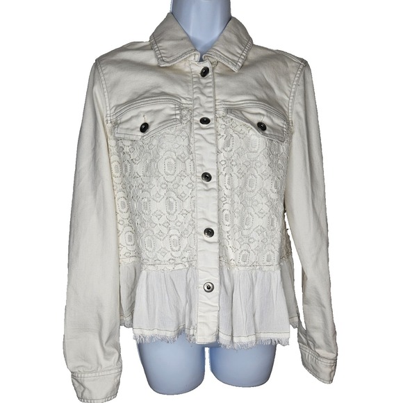 Free People Jackets & Blazers - Free People Ivory Lace Peplum Denim Jacket Size 10 Boho Western Whimsical